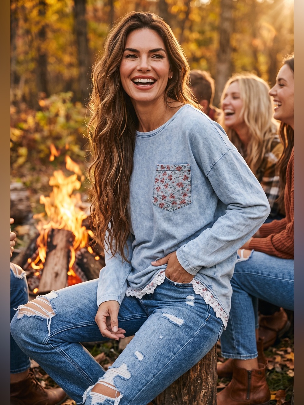 easel Light Blue Long Sleeve Top with Floral Pocket and Lace Hem